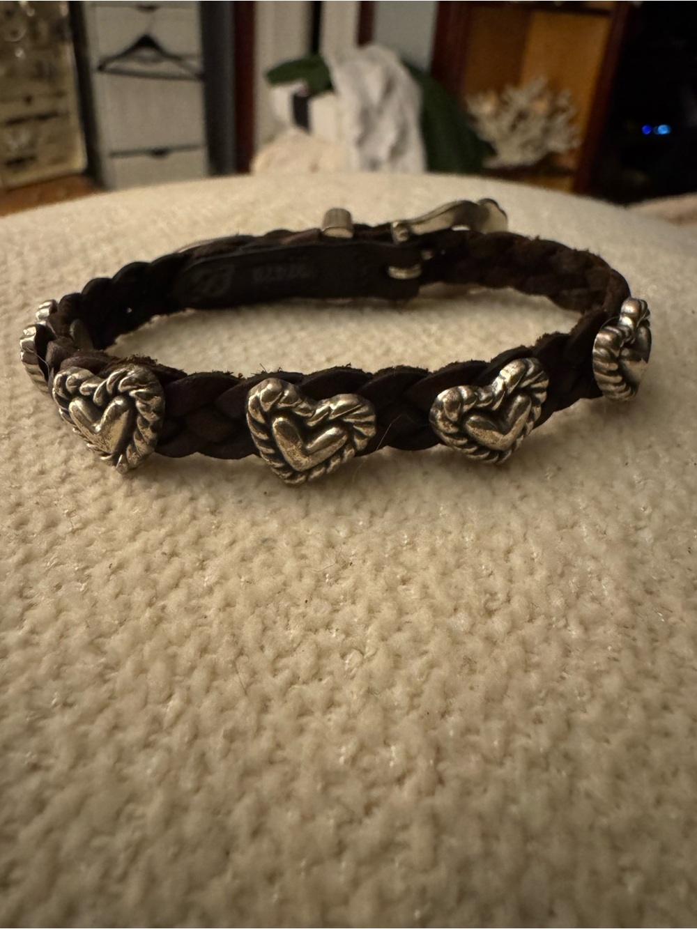 Braided Leather Heart Accent Bracelet - Brown with Silver Hearts